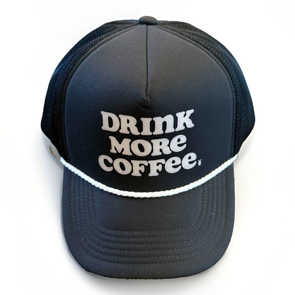 Dutch Bros Mens Black Drink More Coffee Adjustable Snapback Trucker Hat NWOT New